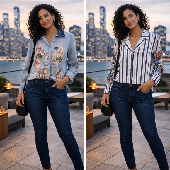 Aratta Silent Journey Tops - Aratta Silent Journey Striped Floral Embroidered Button Down Top Bundle Size S-M